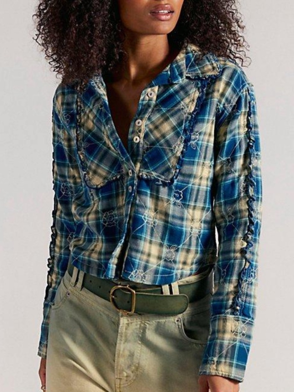 Free People We the Free Georgia Embroidered Plaid Buttondown Top- Navy combo